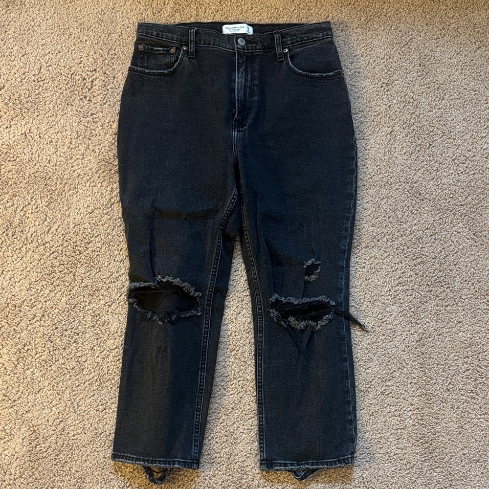 Abercrombie Black Distressed Ankle Straight Jeans
